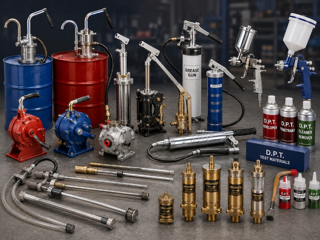 Barrel hand pumps, grease guns and spray guns on a workshop bench