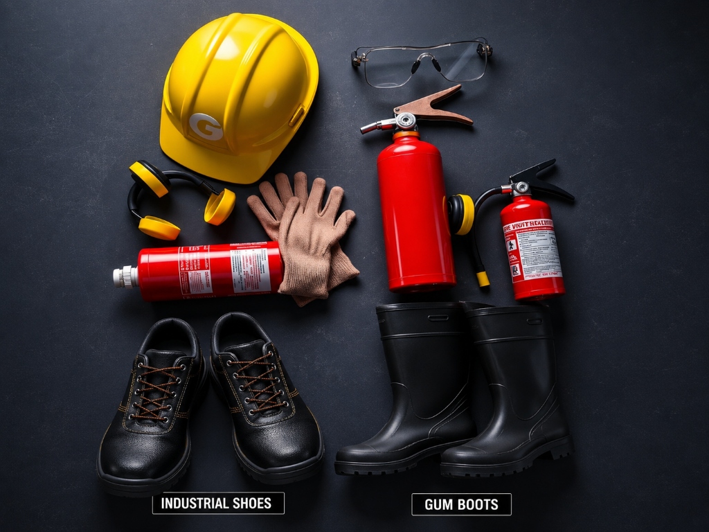 Hard hat, safety gloves, goggles, ear protection, fire extinguishers, industrial shoes and gum boots