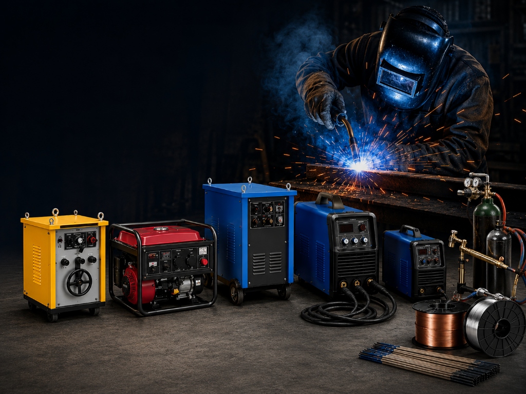 MIG welding machine with sparks in an industrial workshop